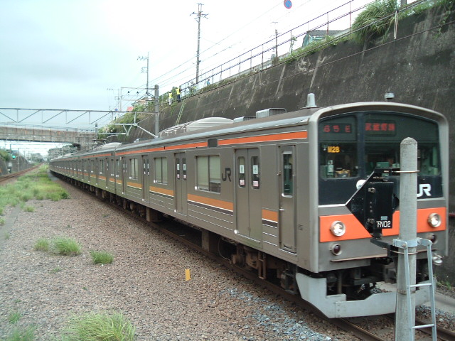 ホームの端から見た武蔵野線の電車